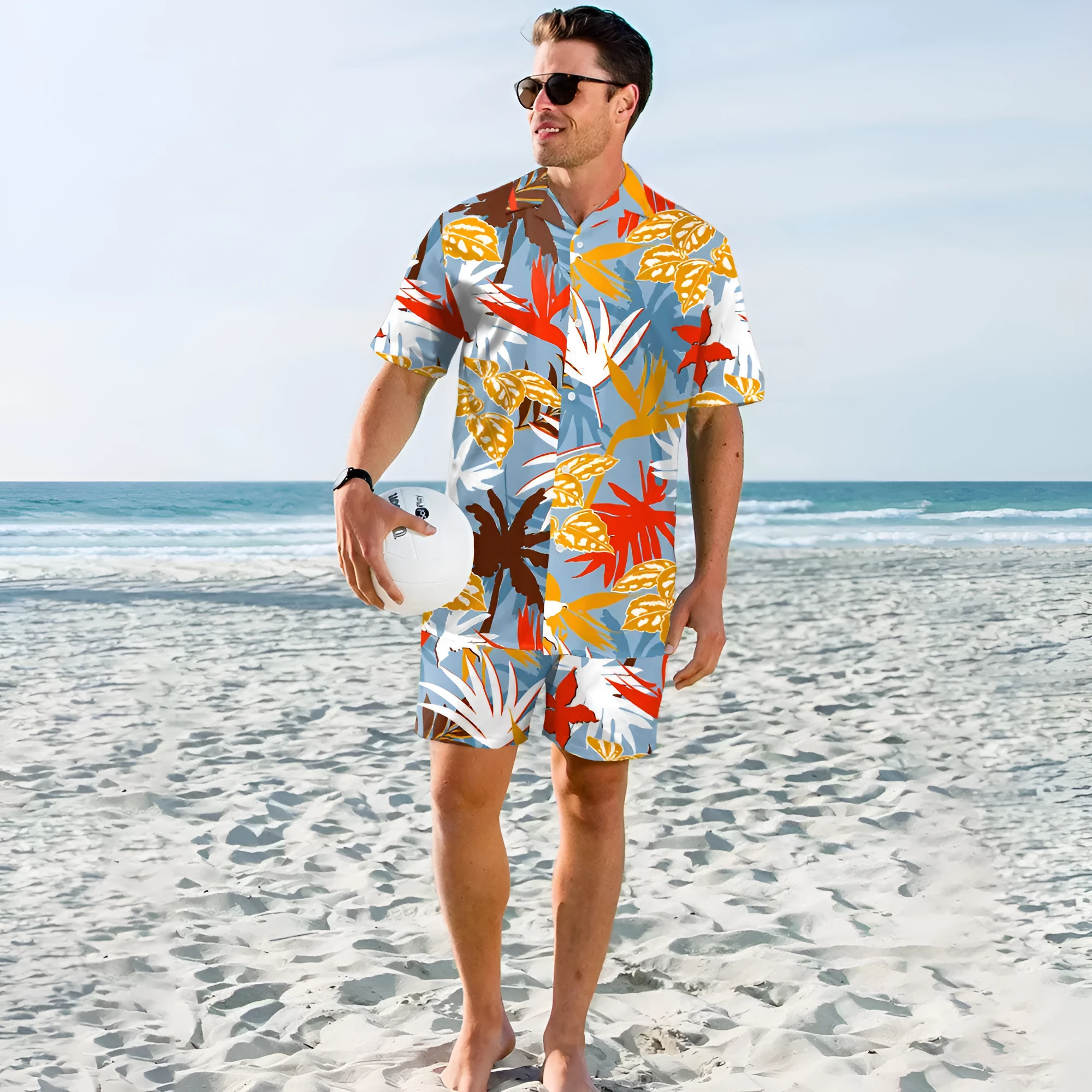 Men's beach digital printed shorts and shirt set with inner mesh lining, cotton blend fabric, short sleeves, two colour options