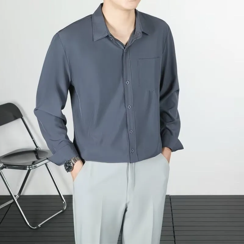 Korean-style loose long-sleeved linen men's shirt in solid colour, wrinkle-free finish, front view