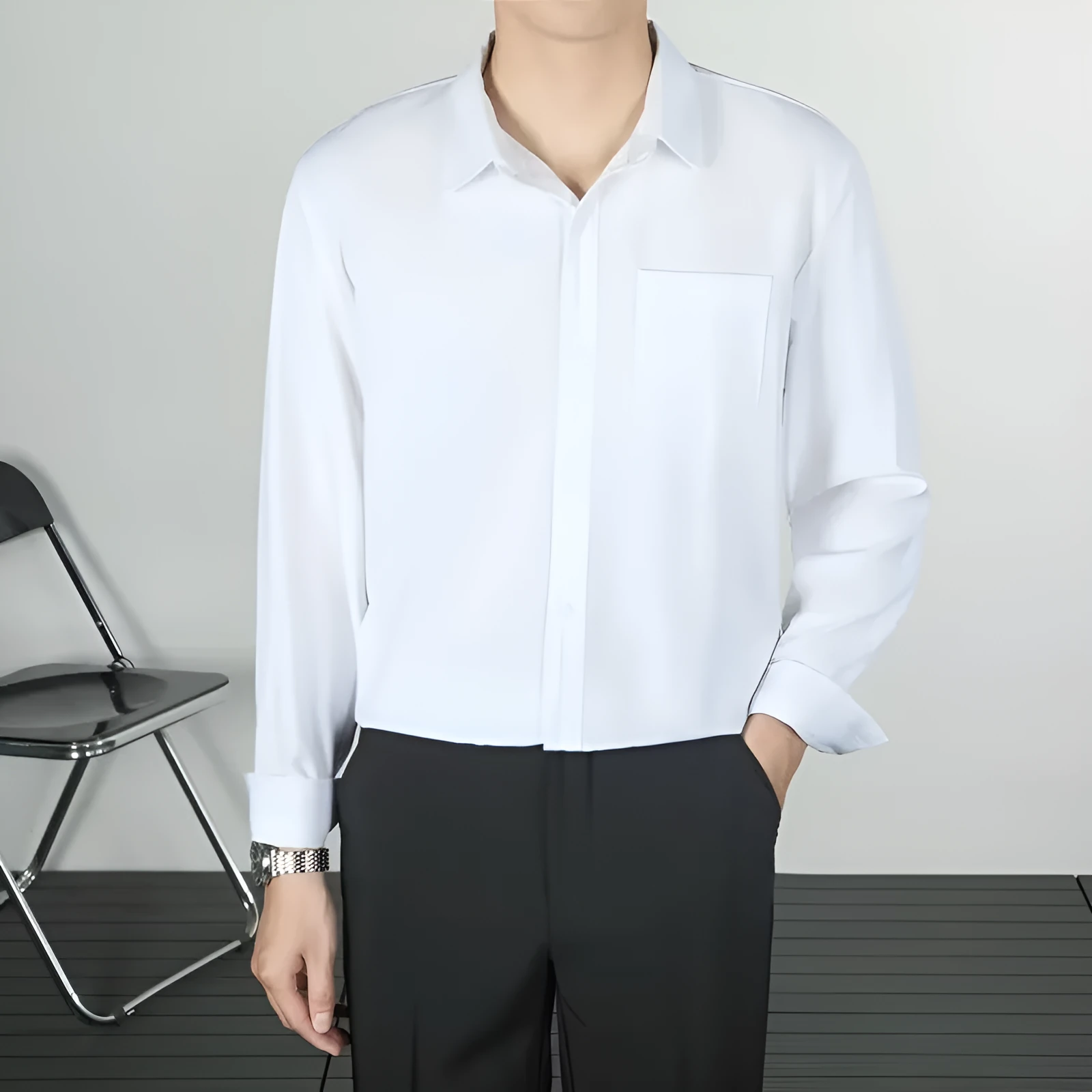 Korean-style loose long-sleeved linen men's shirt in solid colour, wrinkle-free finish, front view