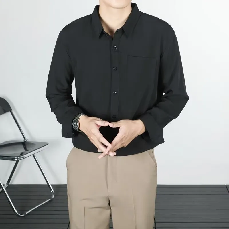 Korean-style loose long-sleeved linen men's shirt in solid colour, wrinkle-free finish, front view