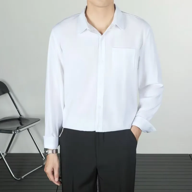 Korean-style loose long-sleeved linen men's shirt in solid colour, wrinkle-free finish, front view