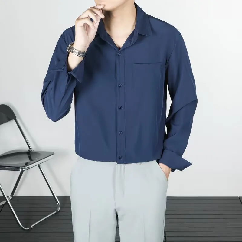 Korean-style loose long-sleeved linen men's shirt in solid colour, wrinkle-free finish, front view