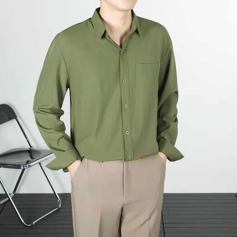 Korean-style loose long-sleeved linen men's shirt in solid colour, wrinkle-free finish, front view