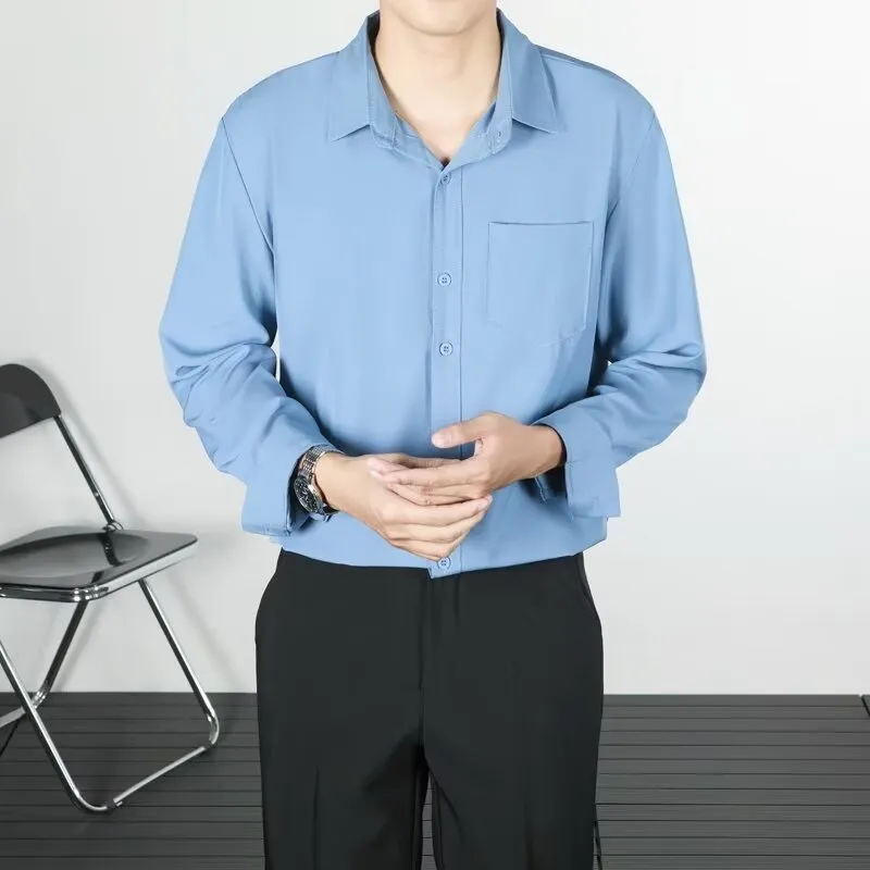 Korean-style loose long-sleeved linen men's shirt in solid colour, wrinkle-free finish, front view