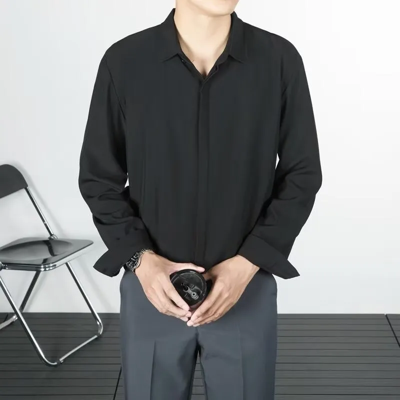 Korean-style loose long-sleeved linen men's shirt in solid colour, wrinkle-free finish, front view
