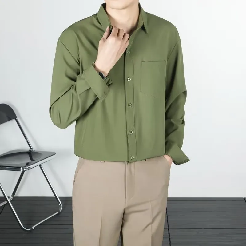 Korean-style loose long-sleeved linen men's shirt in solid colour, wrinkle-free finish, front view