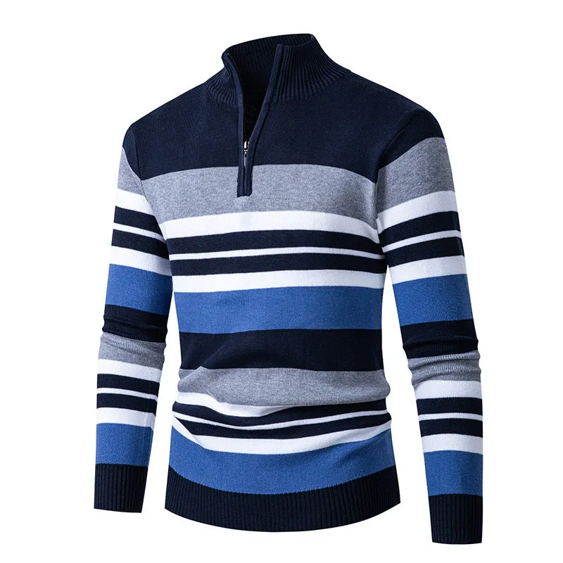 Casual men's half-turtleneck zip-up sweater in cotton blend, light gray colour, loose fit one size