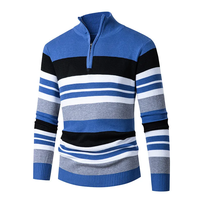 Casual men's half-turtleneck zip-up sweater in cotton blend, light gray colour, loose fit one size