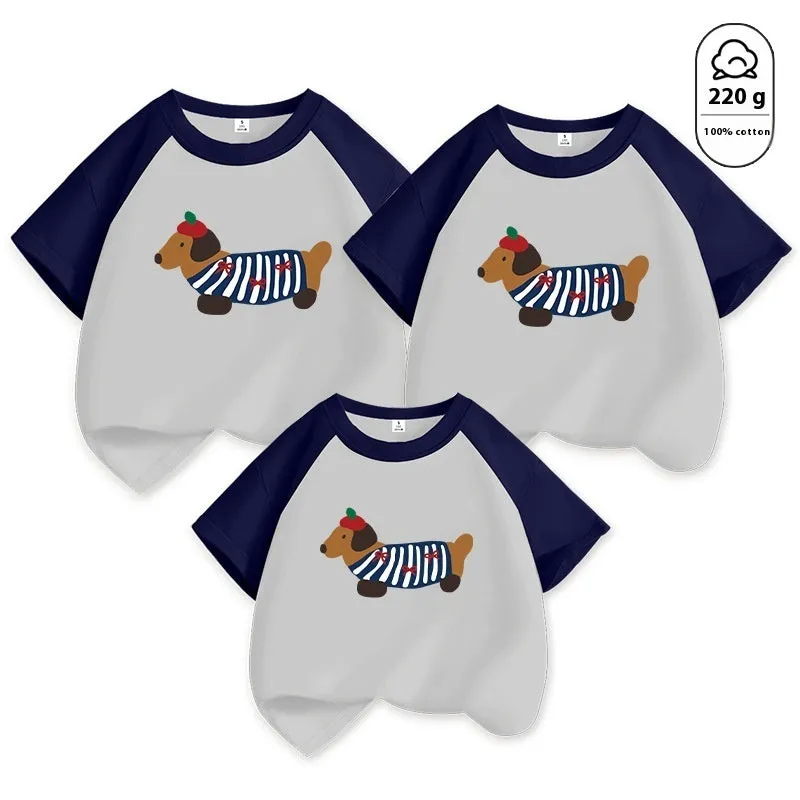 Cotton Western style dog mother-daughter matching outfit with contrast colour short sleeves in Korean design