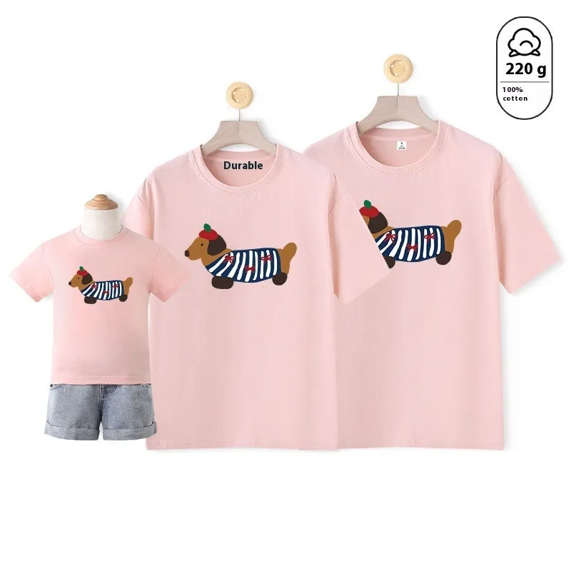 Cotton Western style dog mother-daughter matching outfit with contrast colour short sleeves in Korean design