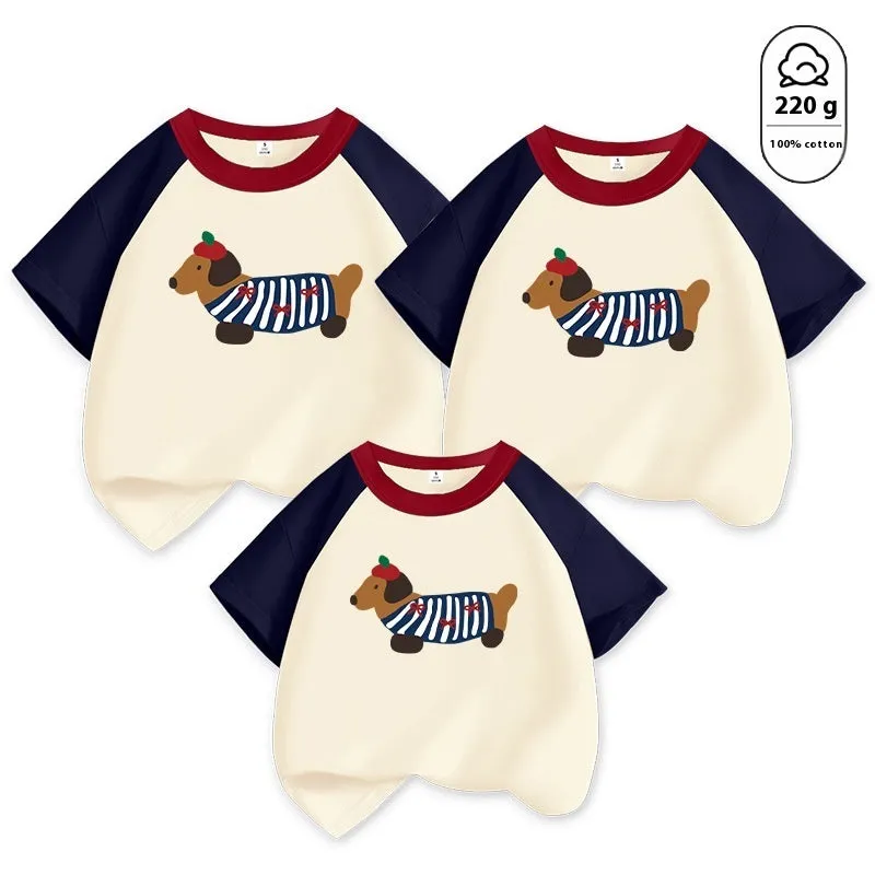 Cotton Western style dog mother-daughter matching outfit with contrast colour short sleeves in Korean design