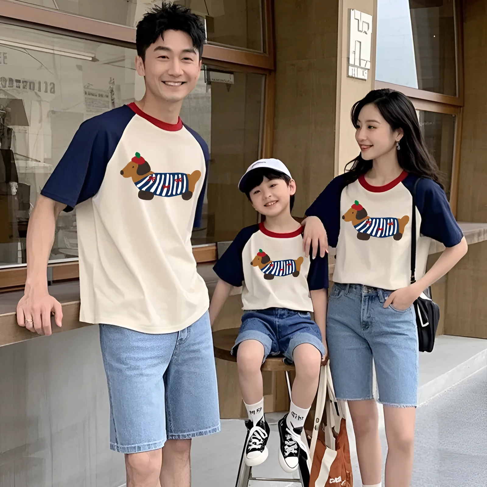 Cotton Western style dog mother-daughter matching outfit with contrast colour short sleeves in Korean design