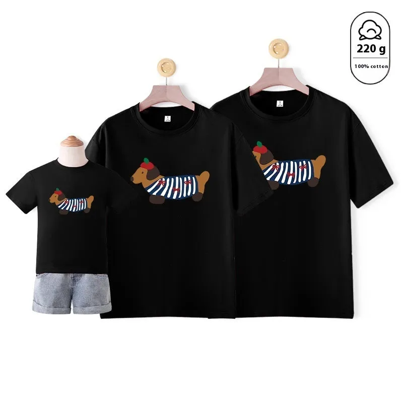 Cotton Western style dog mother-daughter matching outfit with contrast colour short sleeves in Korean design