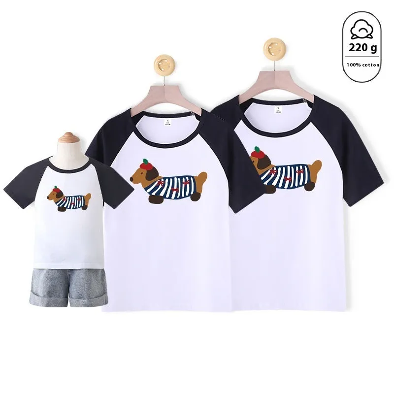 Cotton Western style dog mother-daughter matching outfit with contrast colour short sleeves in Korean design