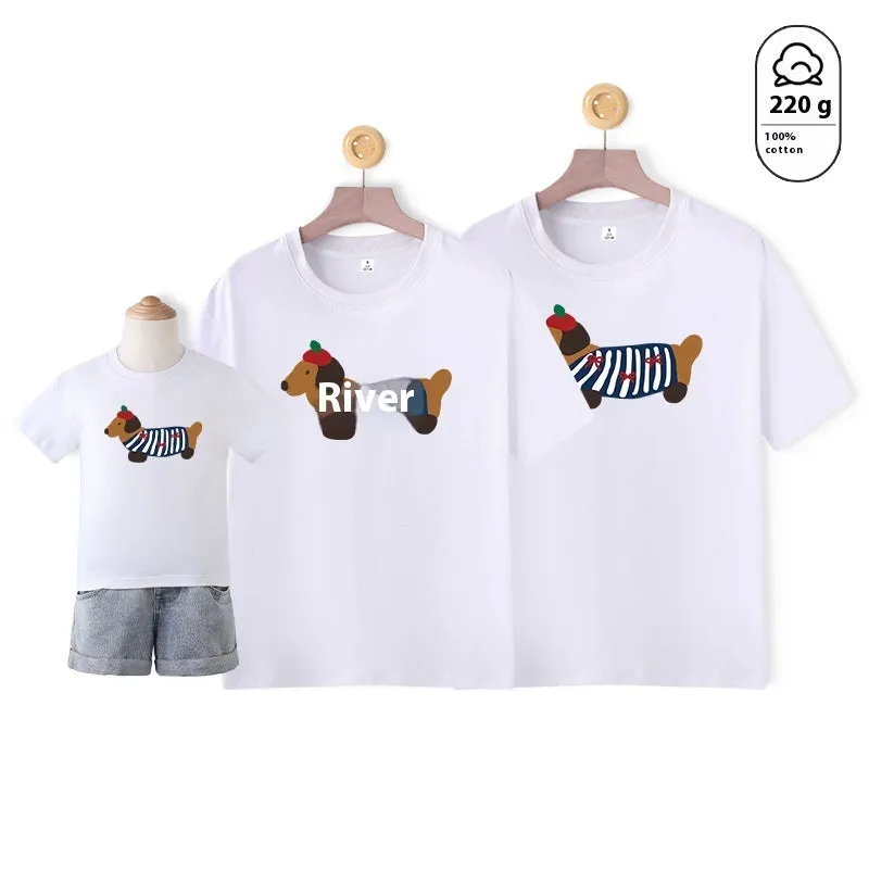 Cotton Western style dog mother-daughter matching outfit with contrast colour short sleeves in Korean design
