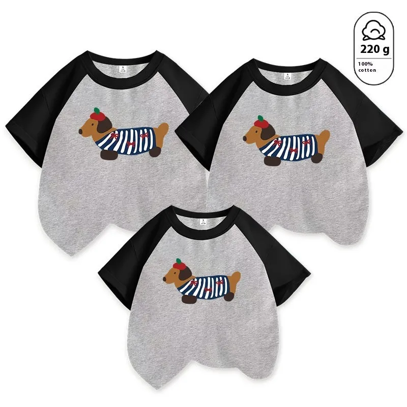 Cotton Western style dog mother-daughter matching outfit with contrast colour short sleeves in Korean design