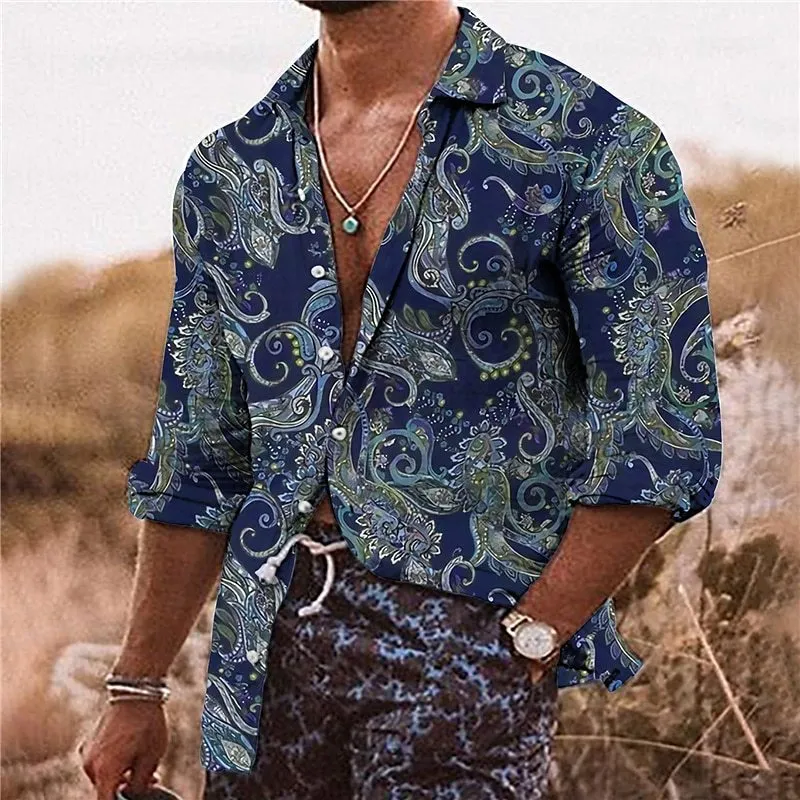 Men's loose-fit long sleeve shirt with 3D floral pattern printing in lightweight polyester fabric