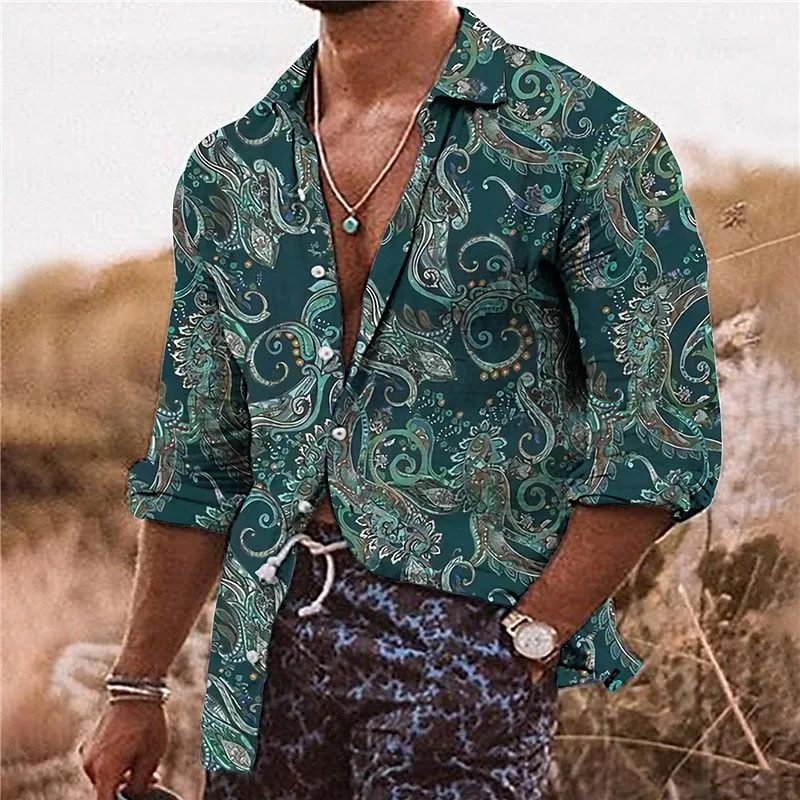 Men's loose-fit long sleeve shirt with 3D floral pattern printing in lightweight polyester fabric