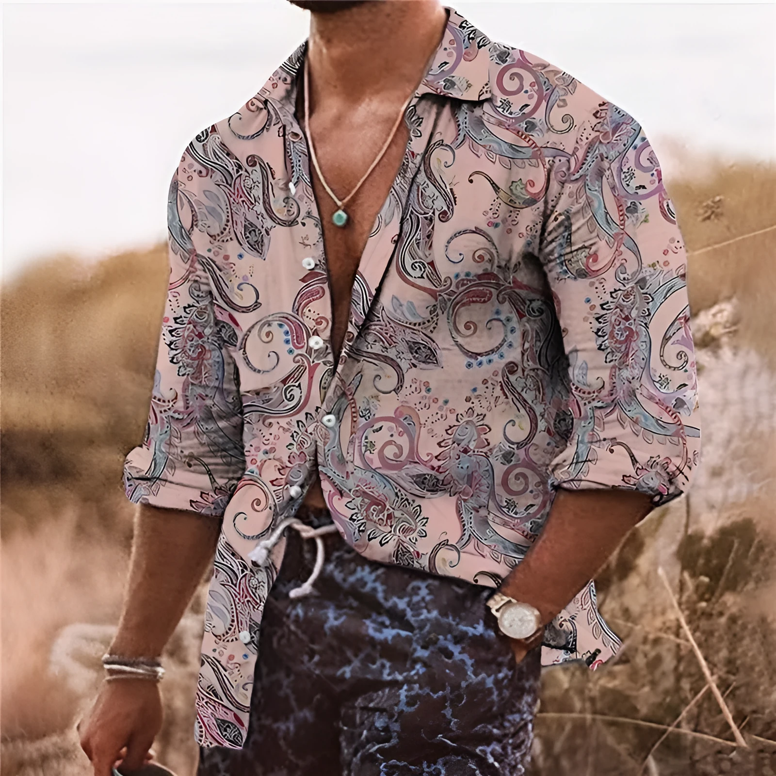 Men's loose-fit long sleeve shirt with 3D floral pattern printing in lightweight polyester fabric