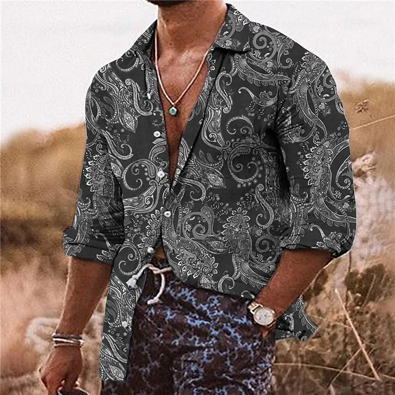 Men's loose-fit long sleeve shirt with 3D floral pattern printing in lightweight polyester fabric