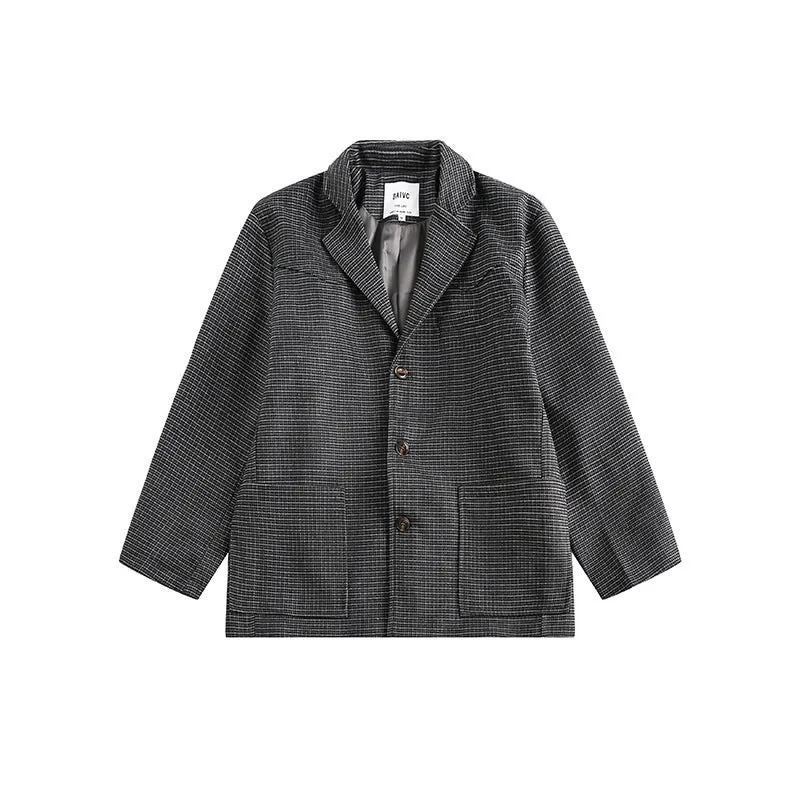 Men's casual loose plaid suit jacket in gray, front view, with polyester fabric and button closure.