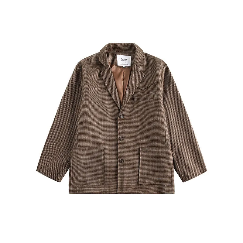 Men's casual loose plaid suit jacket in gray, front view, with polyester fabric and button closure.