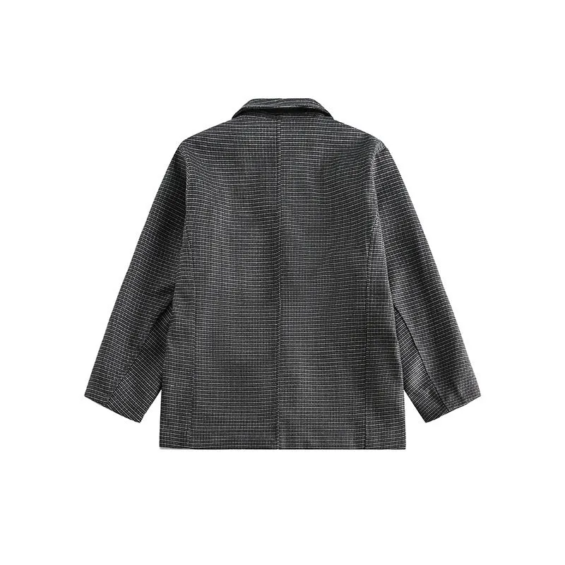 Men's casual loose plaid suit jacket in gray, front view, with polyester fabric and button closure.