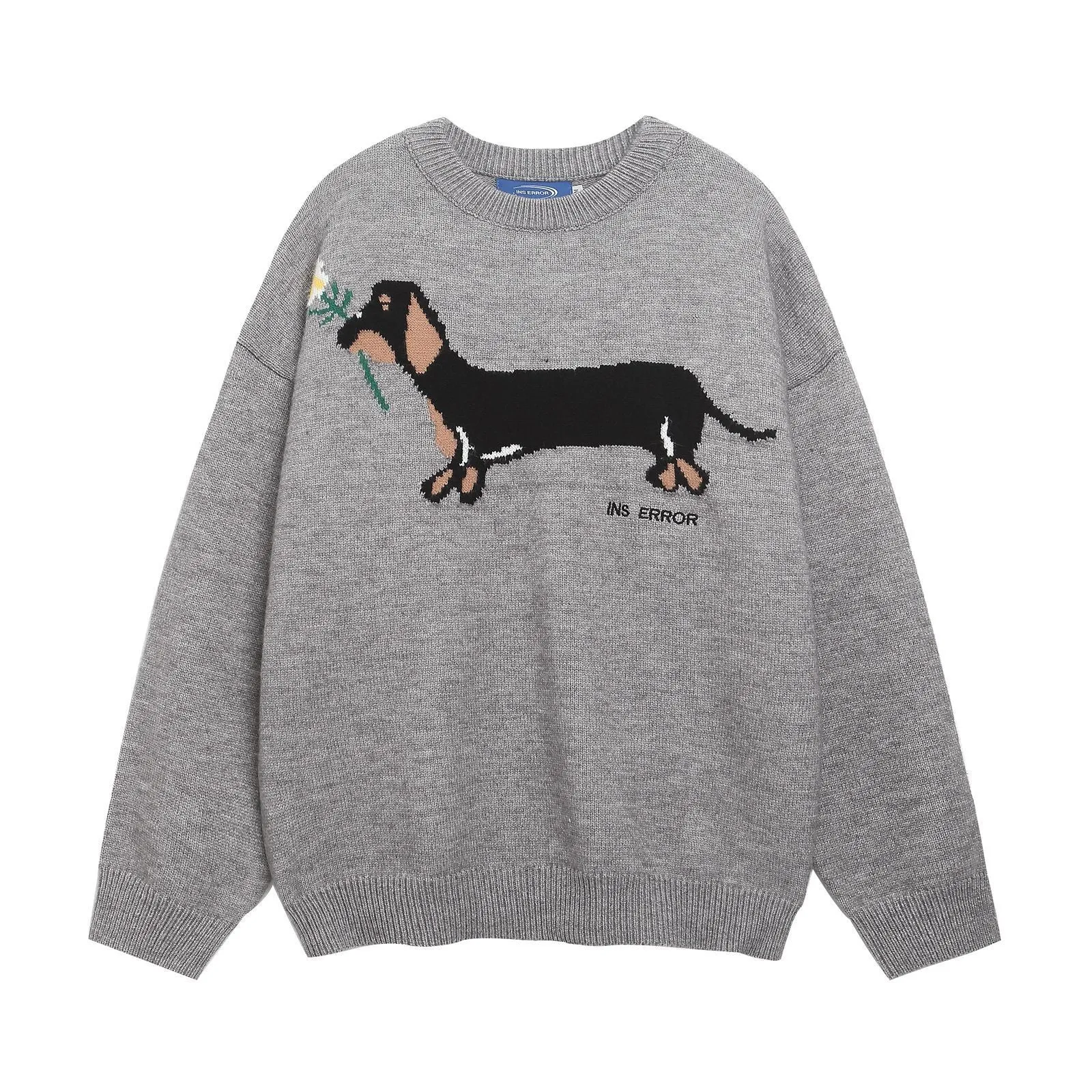 American retro sausage puppy jacquard round neck sweater pullover in gray, loose fit acrylic casual top for teenagers