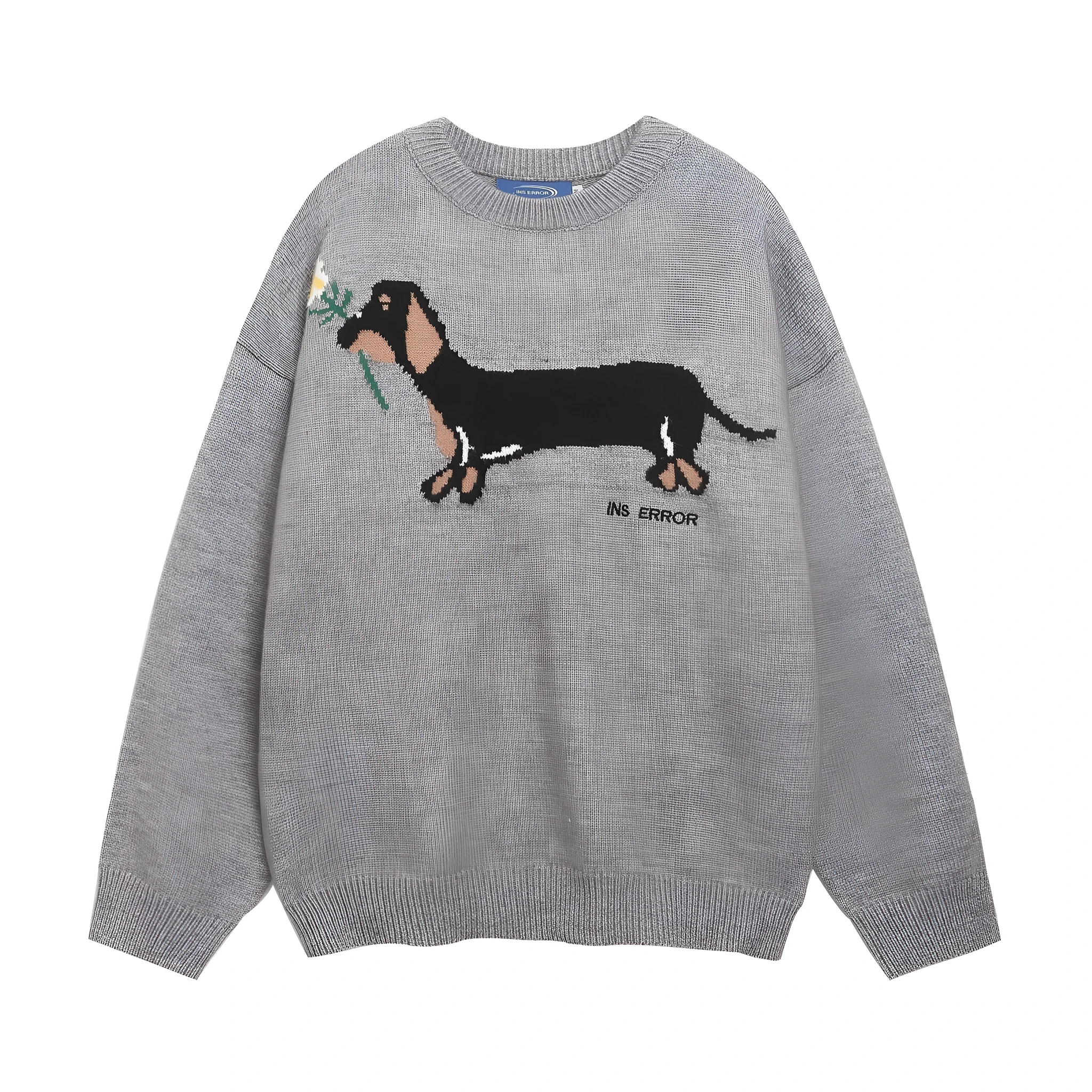American retro sausage puppy jacquard round neck sweater pullover in gray, loose fit acrylic casual top for teenagers