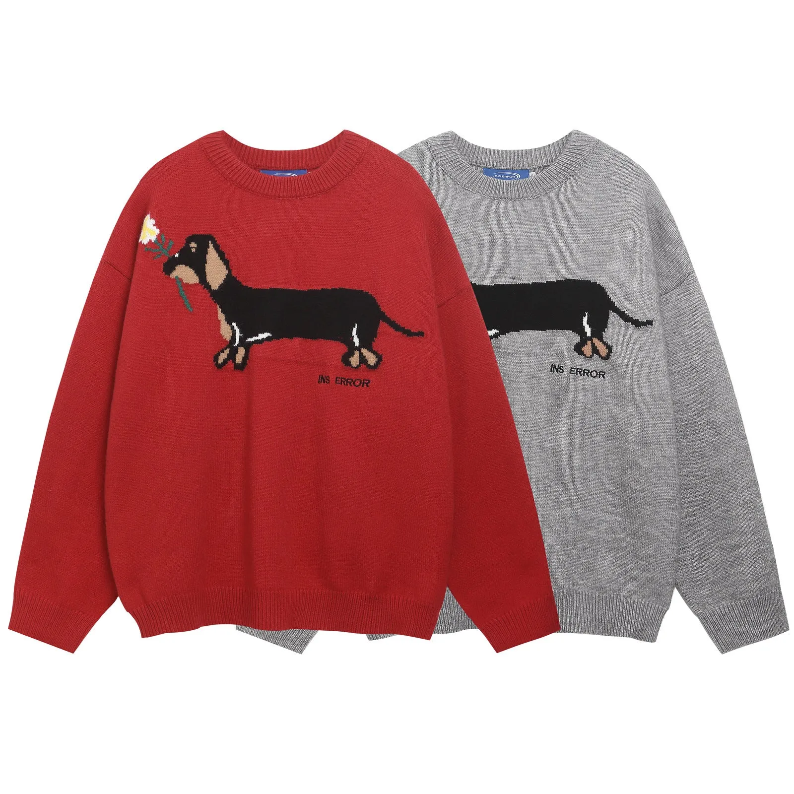 American retro sausage puppy jacquard round neck sweater pullover in gray, loose fit acrylic casual top for teenagers