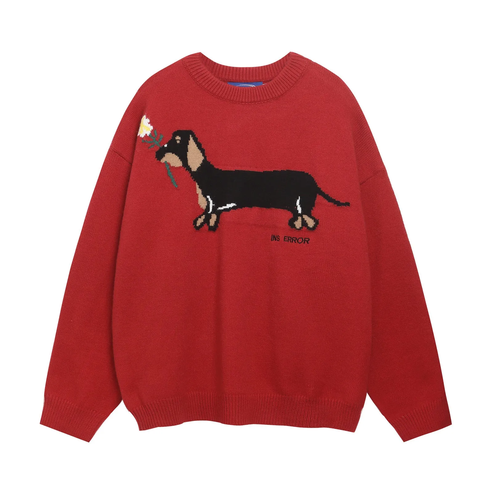 American retro sausage puppy jacquard round neck sweater pullover in gray, loose fit acrylic casual top for teenagers