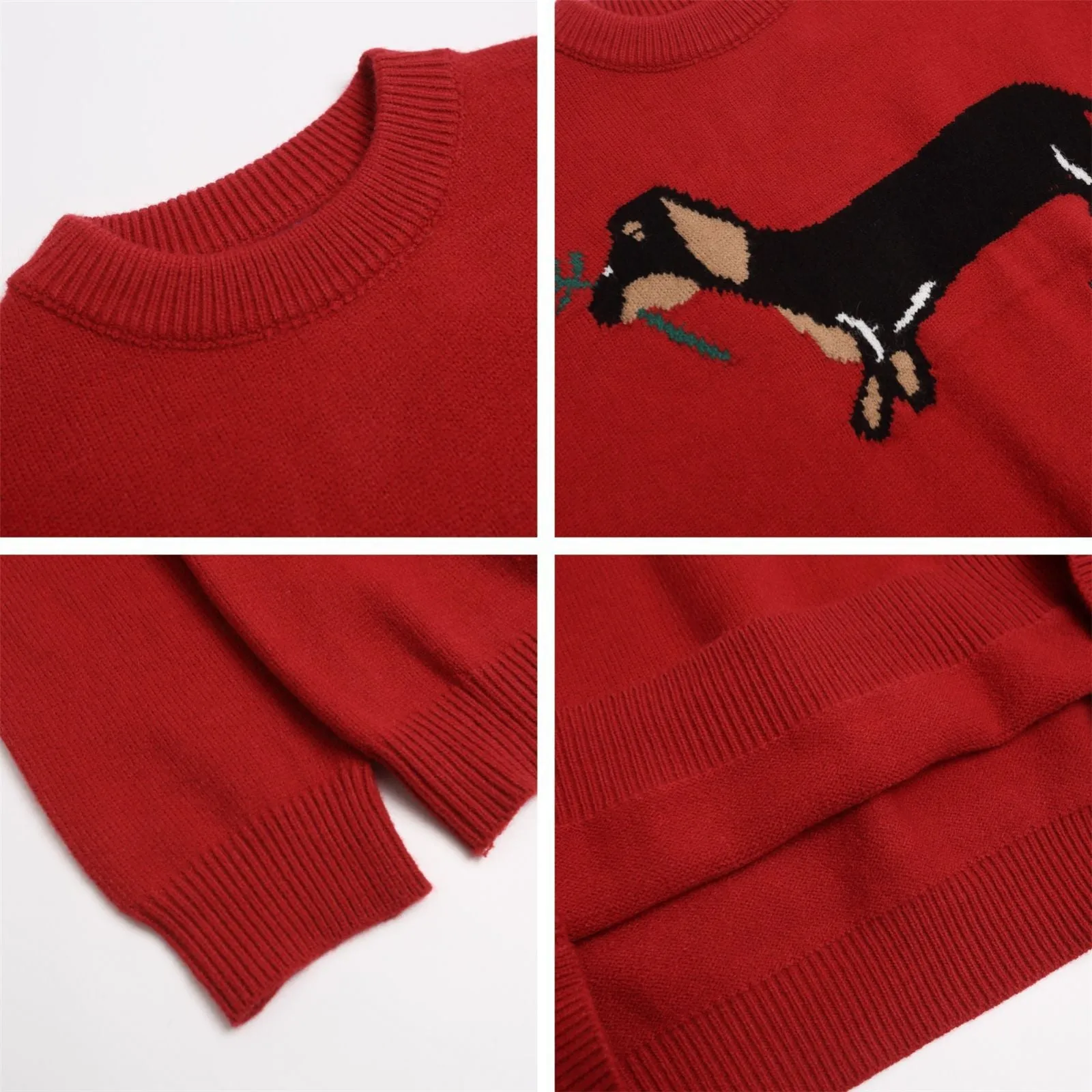 American retro sausage puppy jacquard round neck sweater pullover in gray, loose fit acrylic casual top for teenagers
