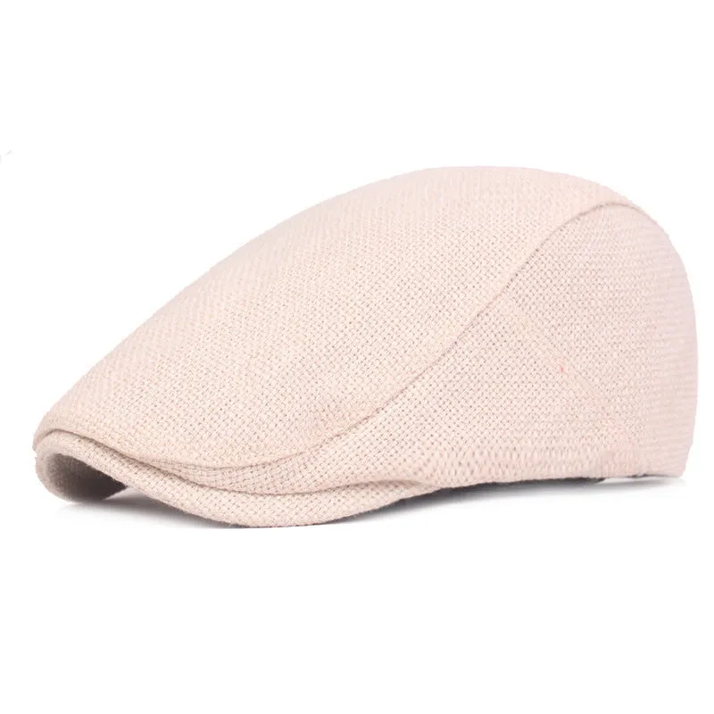 Women's adjustable cotton and linen beret cap in khaki with short brim for outdoor sun protection