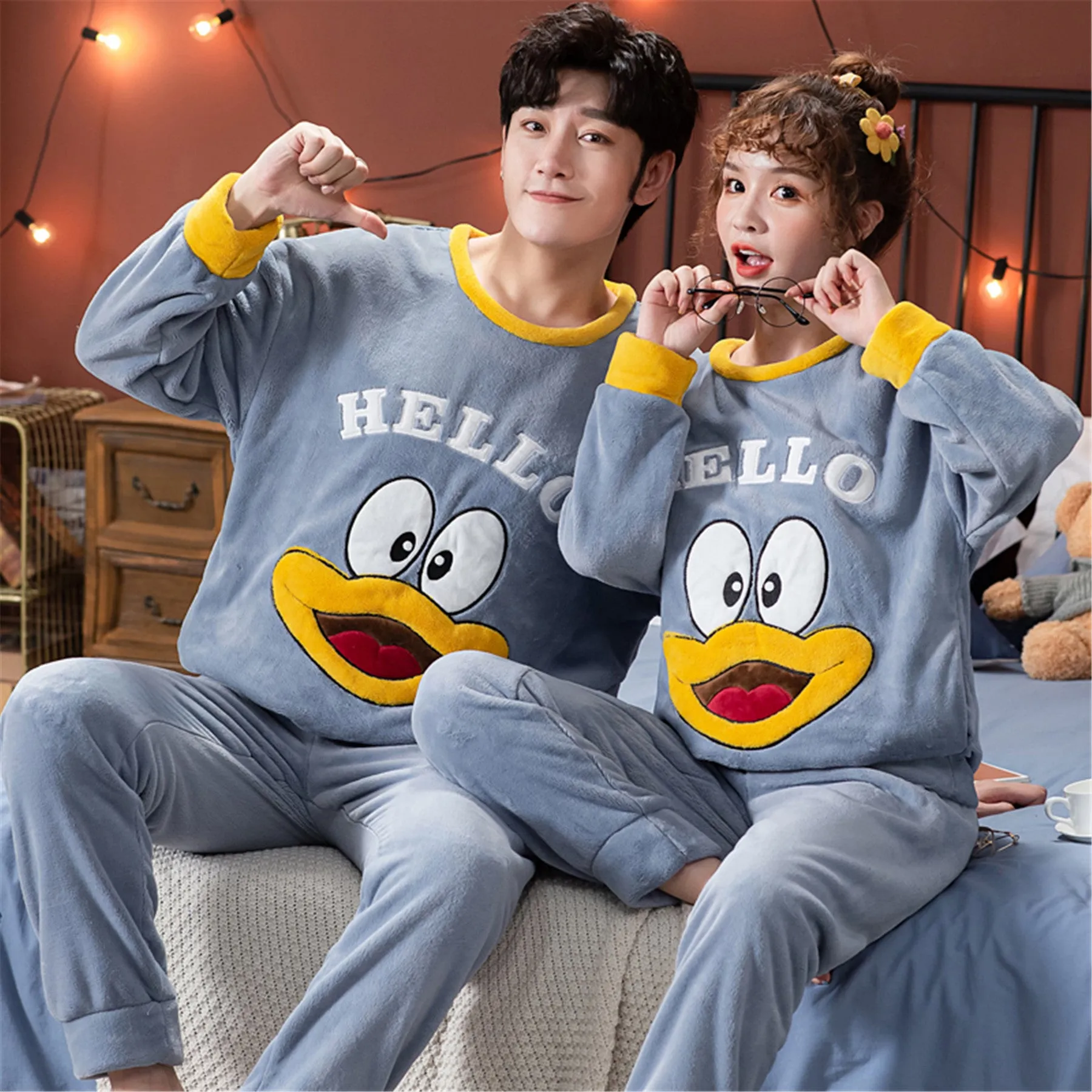 Flannel couple pajamas in koala bear pattern, round neck, thickened winter style for men and women