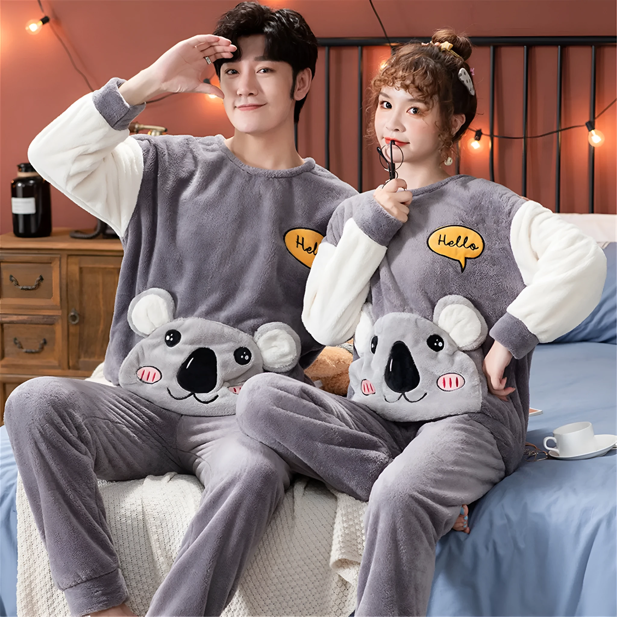 Flannel couple pajamas in koala bear pattern, round neck, thickened winter style for men and women