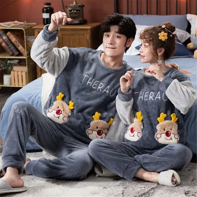 Flannel couple pajamas in koala bear pattern, round neck, thickened winter style for men and women