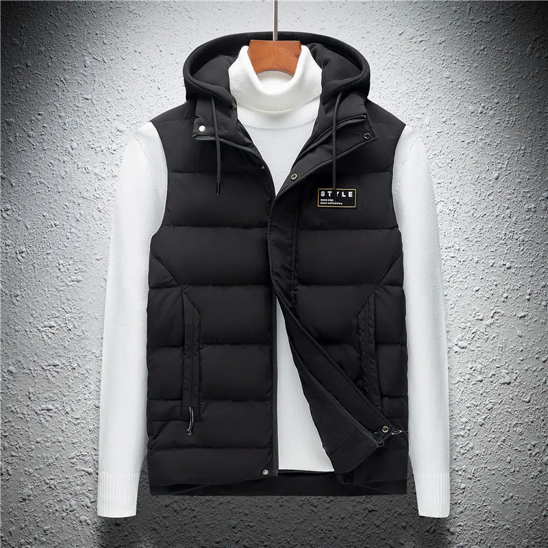 Men's fashion vest sleeveless down jacket in black, high-waist cut, acrylic fabric