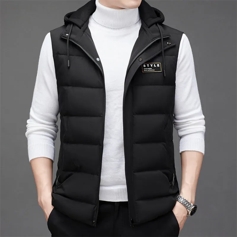 Men's fashion vest sleeveless down jacket in black, high-waist cut, acrylic fabric