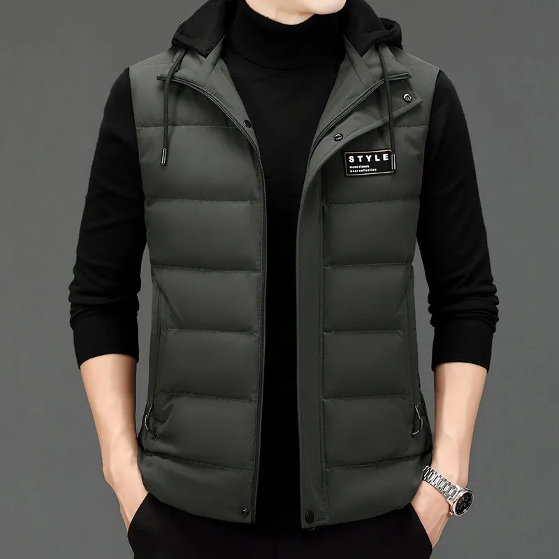 Men's fashion vest sleeveless down jacket in black, high-waist cut, acrylic fabric