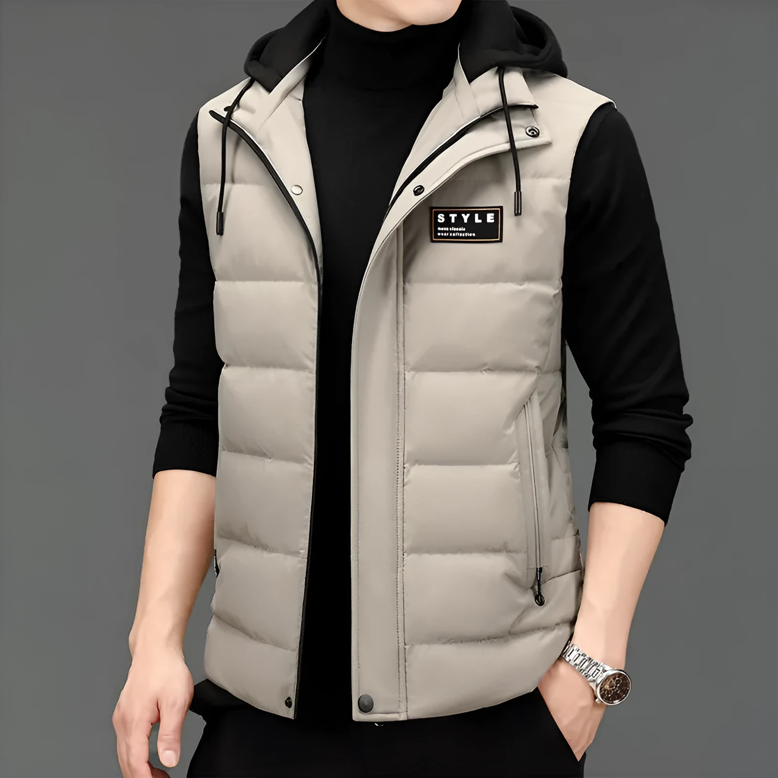 Men's fashion vest sleeveless down jacket in black, high-waist cut, acrylic fabric