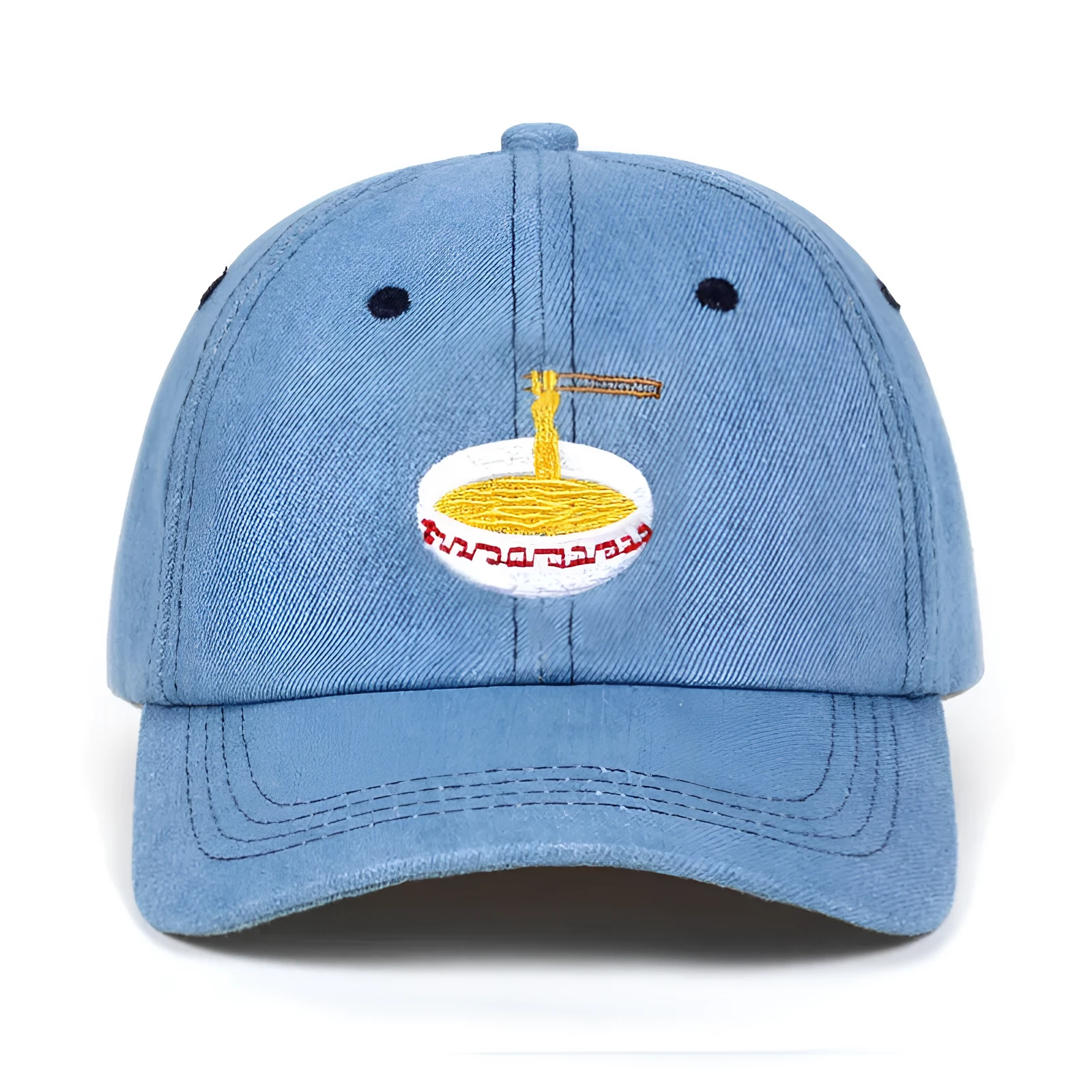 Large bowl cotton baseball cap in blue with curling brim and dome top, adjustable size