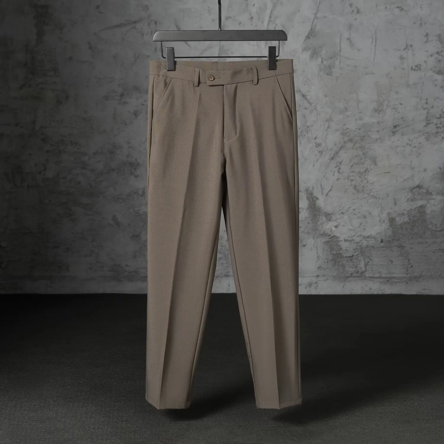 Men's straight loose fit brushed polyester trousers in khaki, side view, size 32