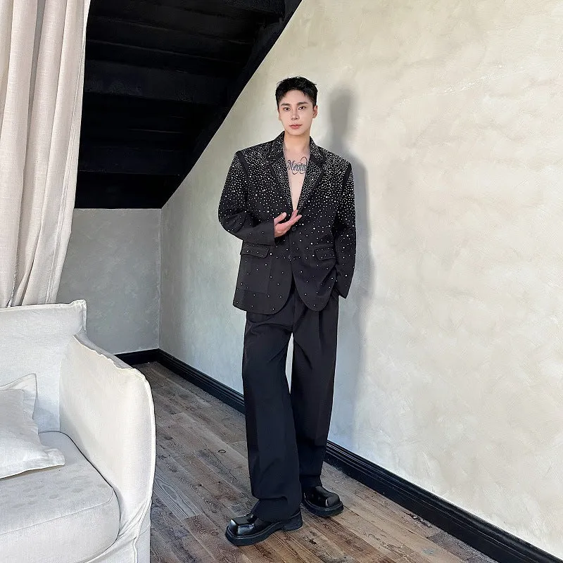 Black men's hot drilling casual suit jacket with chenille fabric and princess sleeves, loose fit