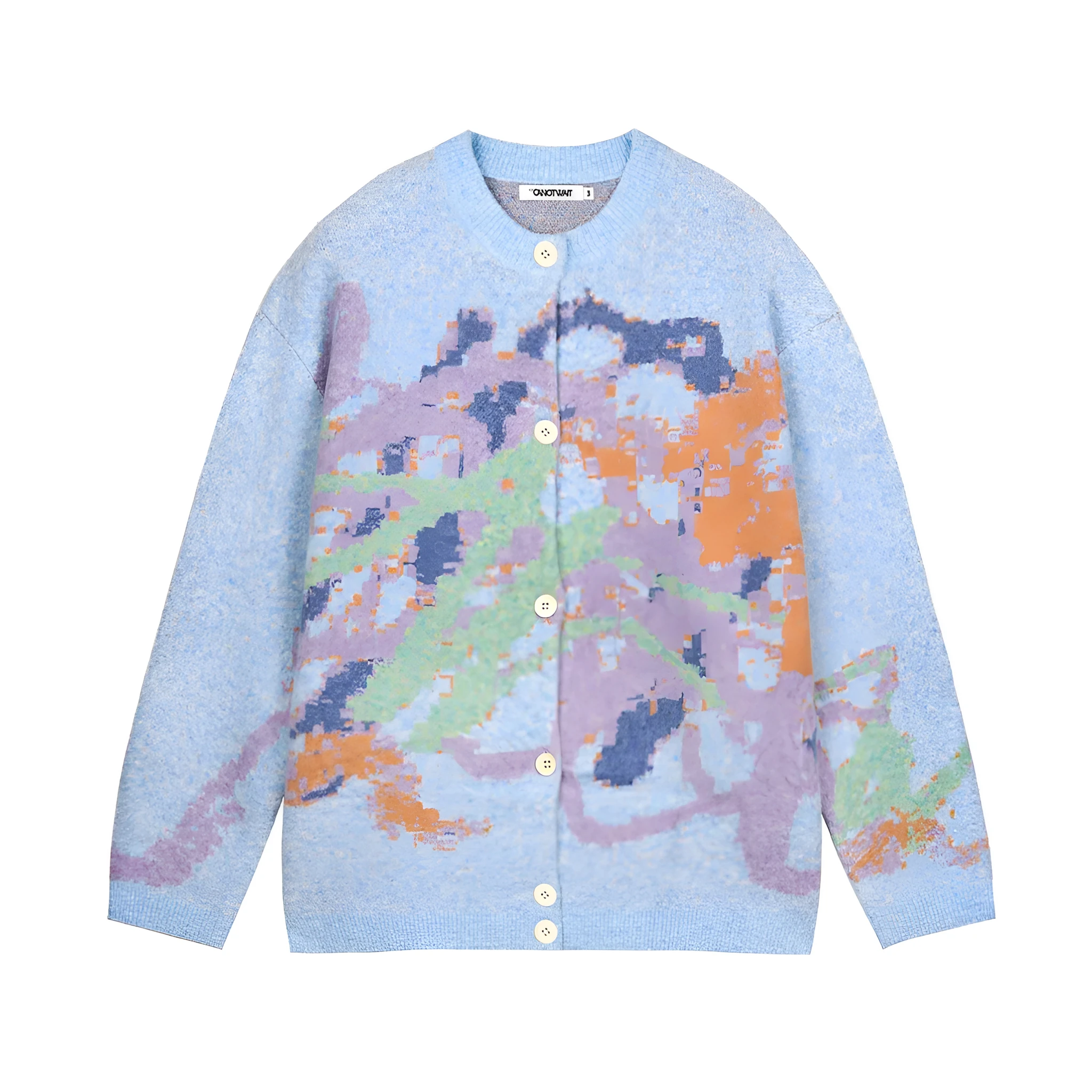 Men's graffiti colourful print round neck sweater in beige, loose fit long sleeve cotton blend top
