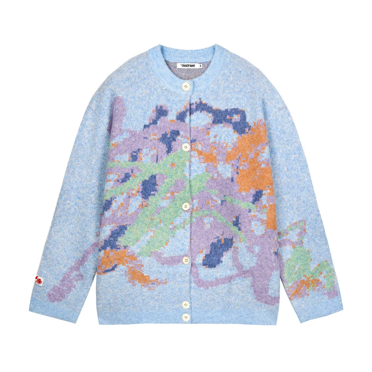 Men's graffiti colourful print round neck sweater in beige, loose fit long sleeve cotton blend top