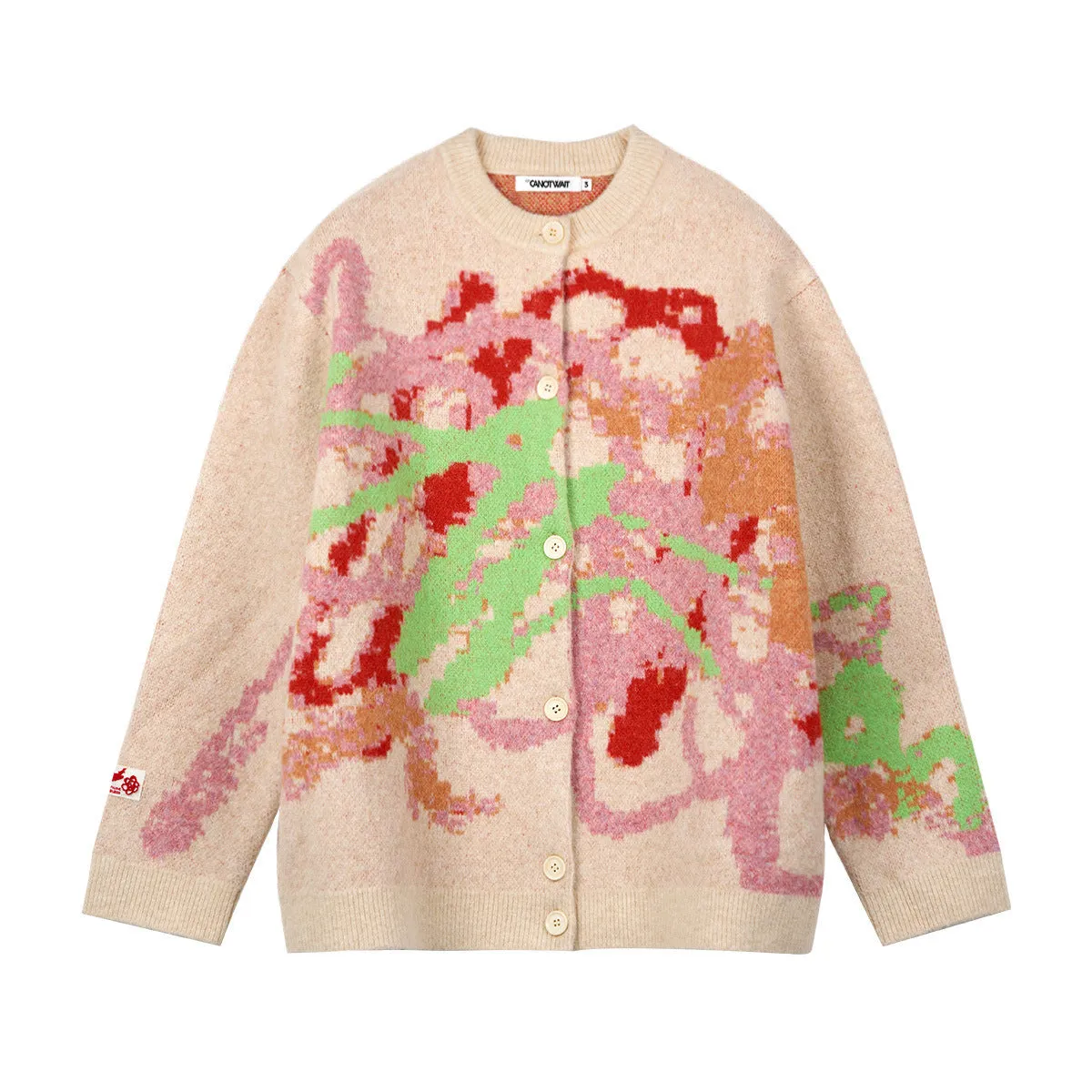 Men's graffiti colourful print round neck sweater in beige, loose fit long sleeve cotton blend top