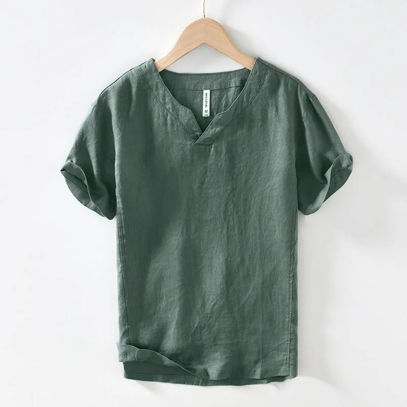 Simple casual linen T-shirt top in khaki, short sleeves, pullover style