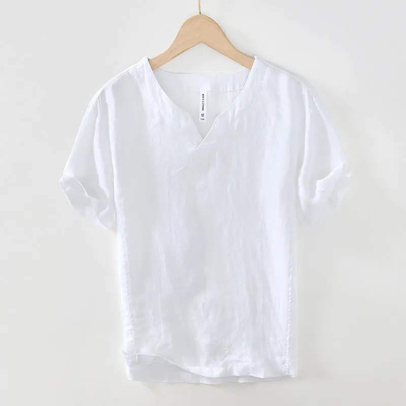 Simple casual linen T-shirt top in khaki, short sleeves, pullover style