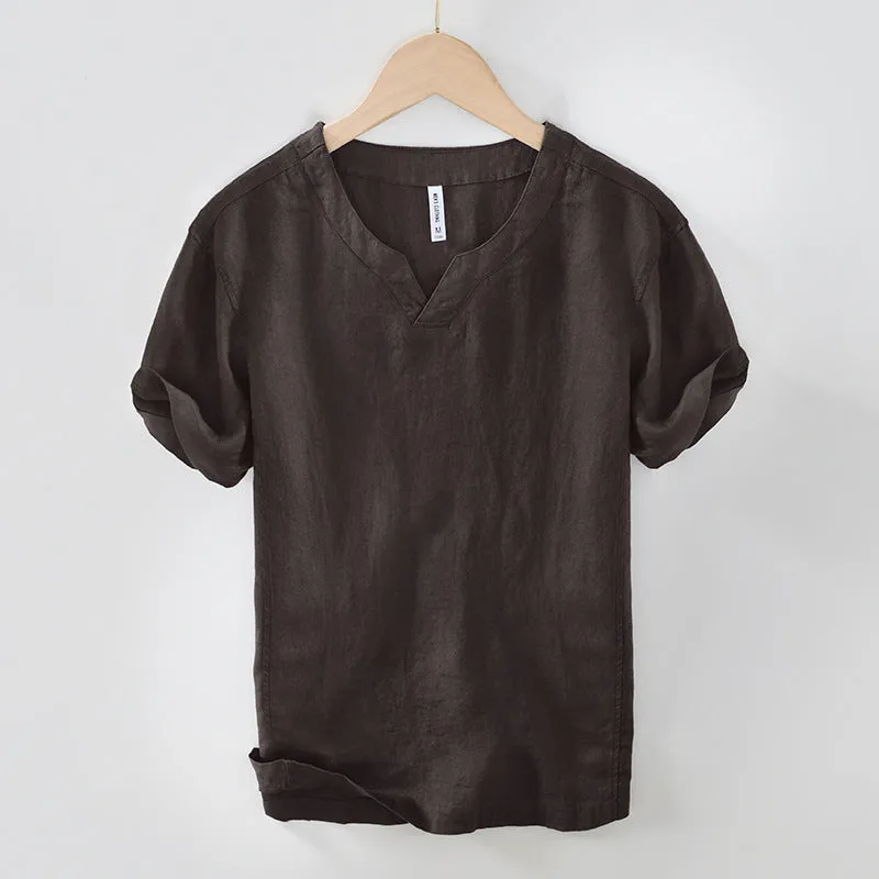 Simple casual linen T-shirt top in khaki, short sleeves, pullover style
