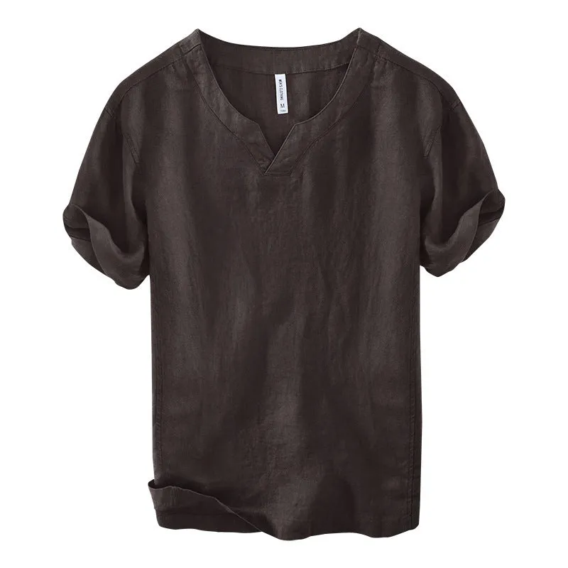 Simple casual linen T-shirt top in khaki, short sleeves, pullover style